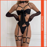 Women's Sexy Straps Bows Revealing Breasts Uniforms with Gloves